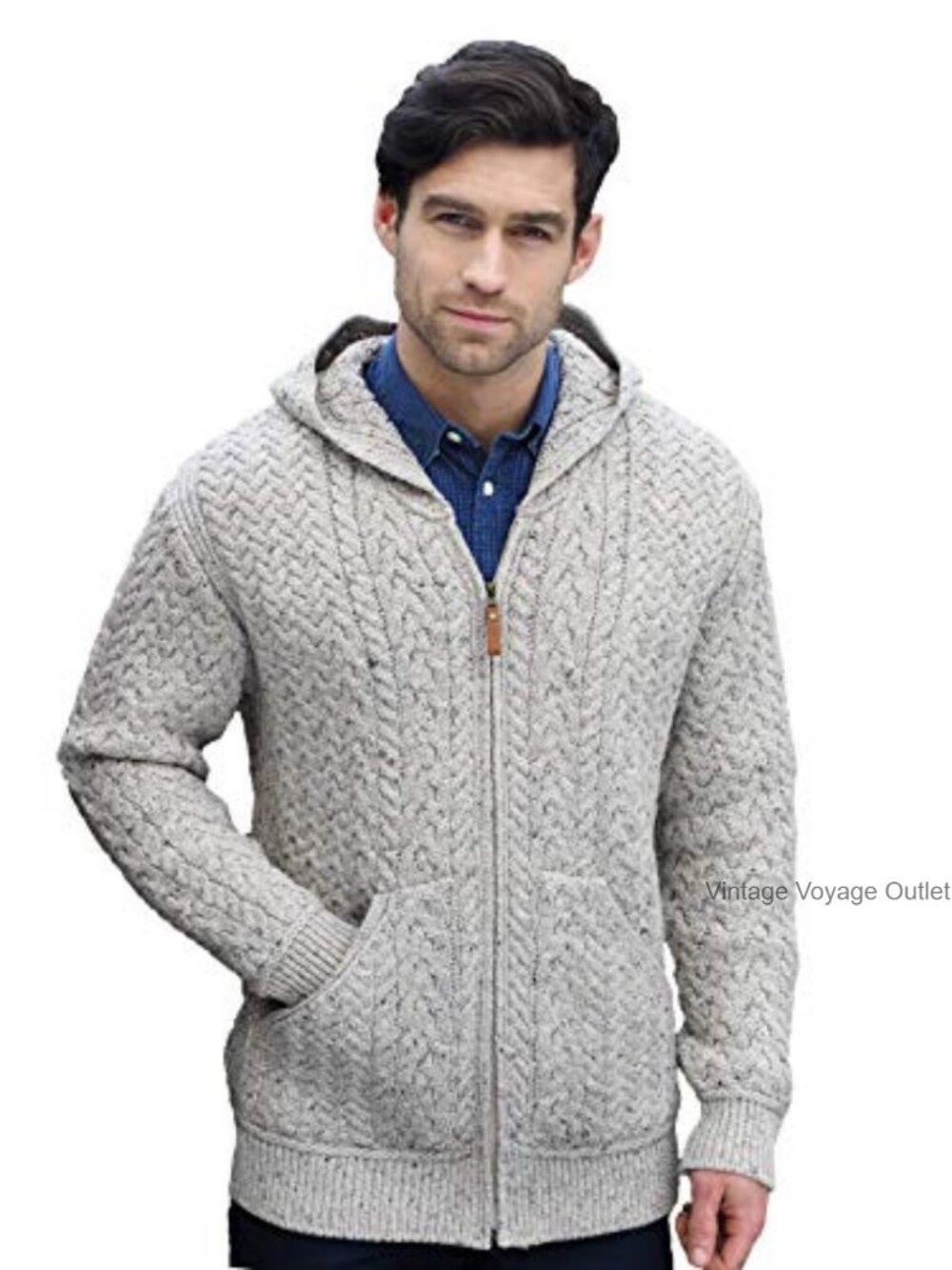Men's Cable Knit Hooded Wool Cardigan - Aran Crafts